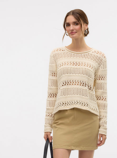 Pieces Crochet Long Sleeve Knit in Cream