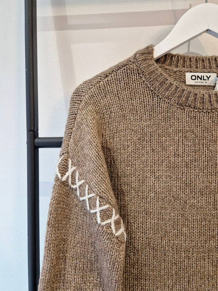 Only Contrast Stitch Chunky Jumper In Malt Brown