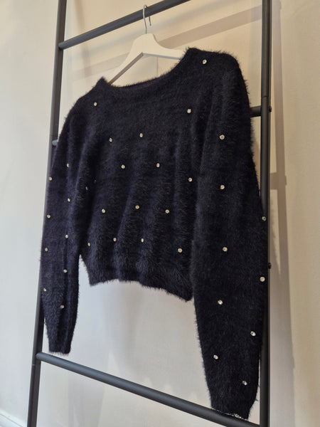 Pieces Black Fluffy Diamante Knit Jumper