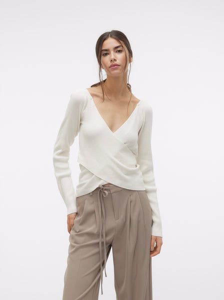 VM Ribbed V Neck Top In Birch