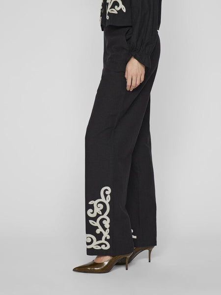 Vila Embroidered Linen Feel Wide Leg Trousers