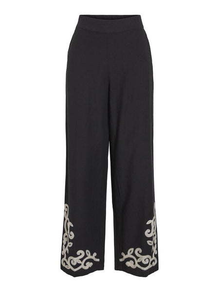 Vila Embroidered Linen Feel Wide Leg Trousers