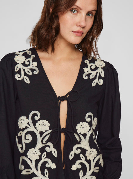 Vila Embroidered Linen Feel Tie Front Top