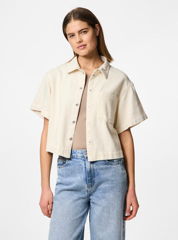 Pieces Boxy Fit Soft Denim Shirt in Cream