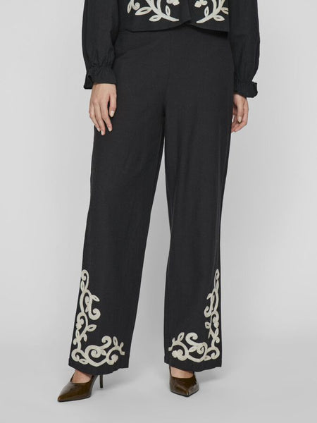 Vila Embroidered Linen Feel Wide Leg Trousers