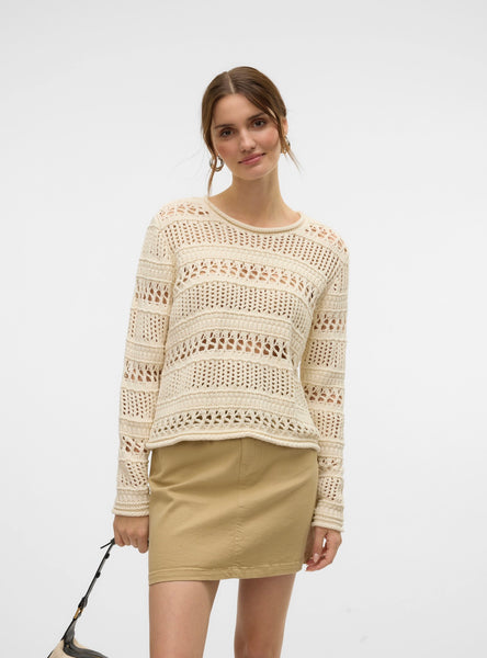 Pieces Crochet Long Sleeve Knit in Cream