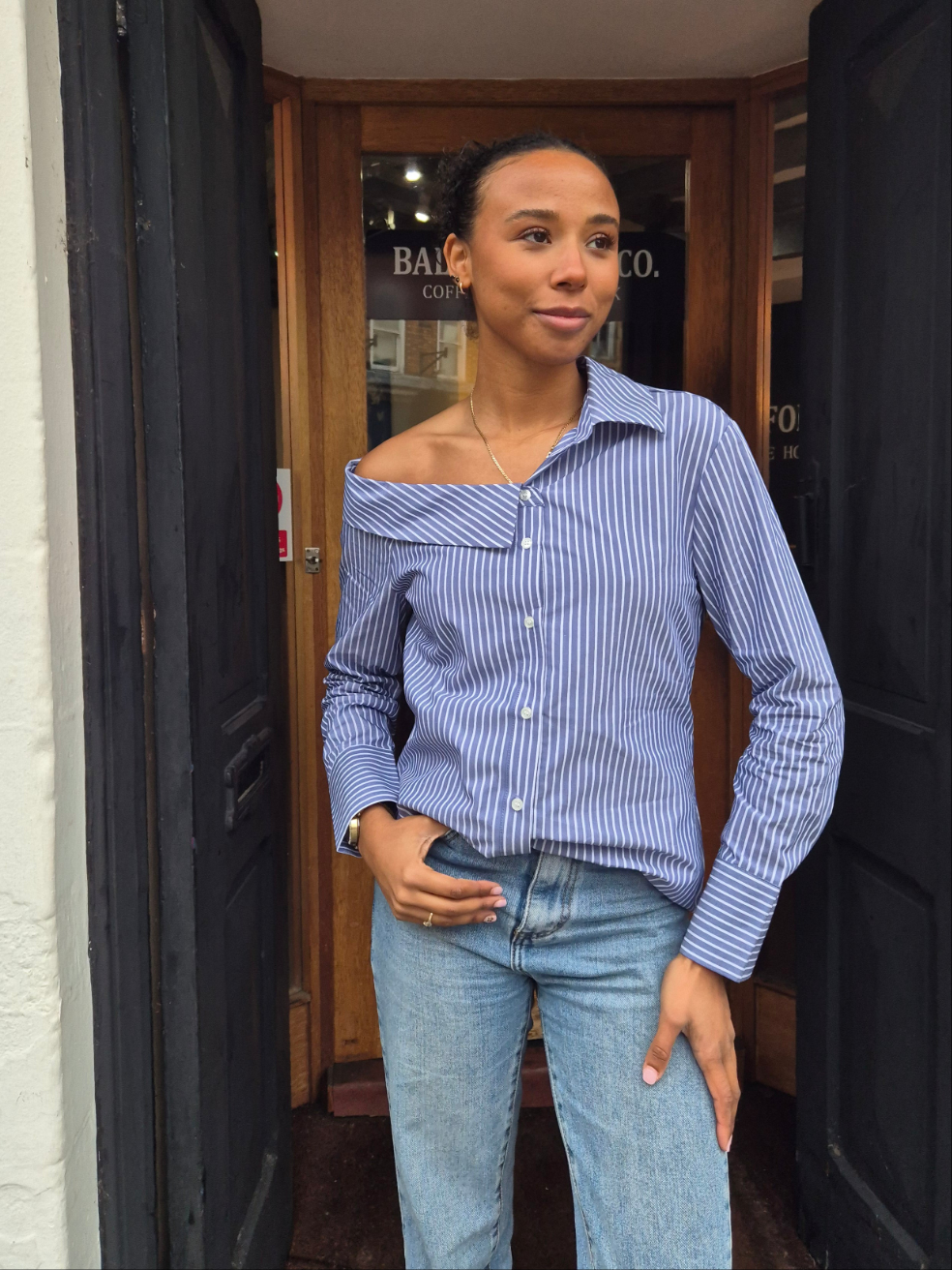 Only Off Shoulder Pinstripe Shirt