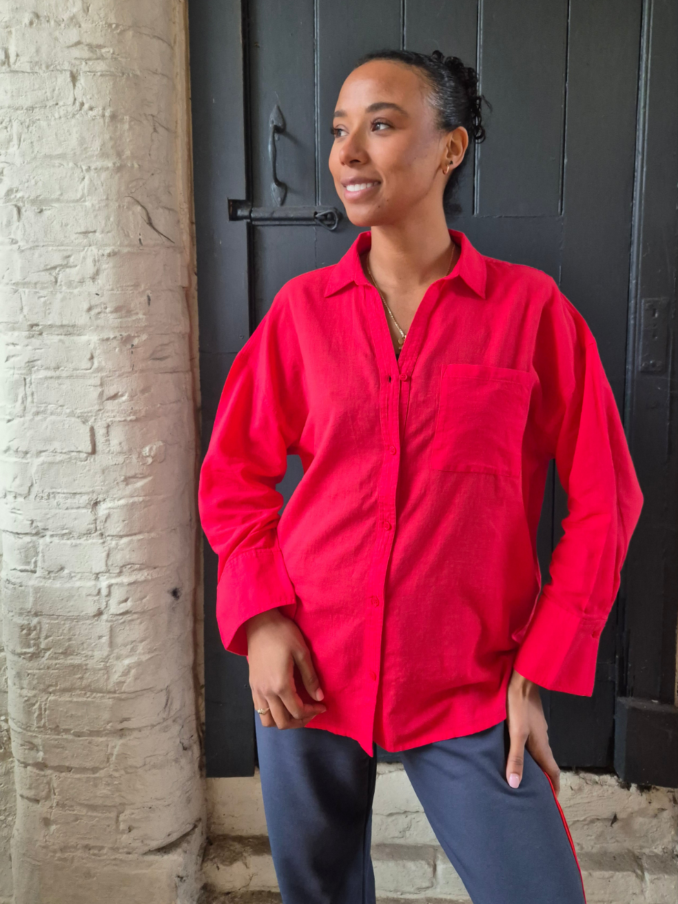 Pieces Relaxed Fit Oversized Shirt in Red