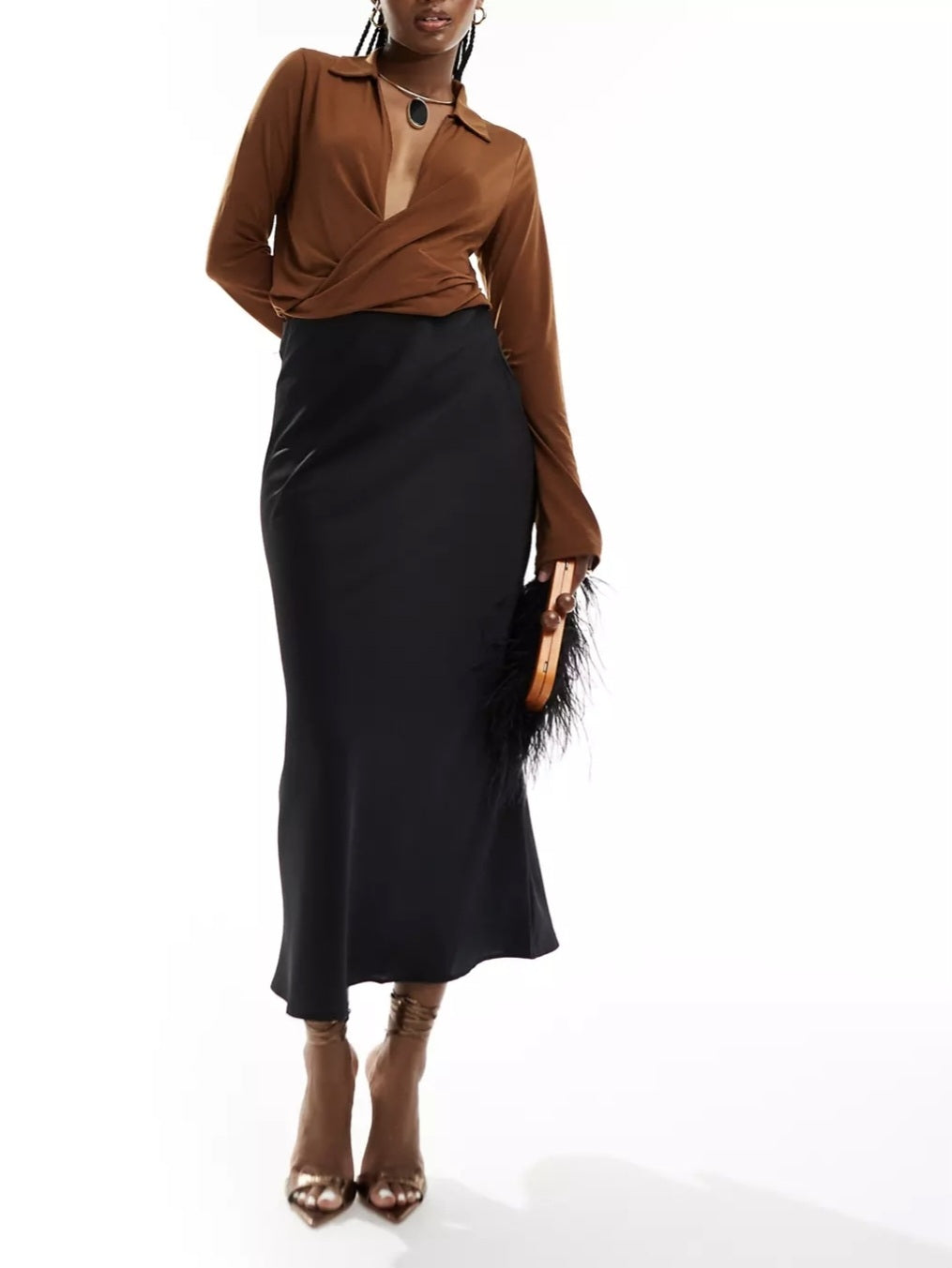 Vila High Waist Bias Cut Satin Midi Skirt In Black