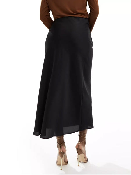 Vila High Waist Bias Cut Satin Midi Skirt In Black