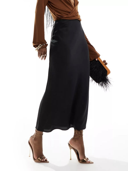 Vila High Waist Bias Cut Satin Midi Skirt In Black