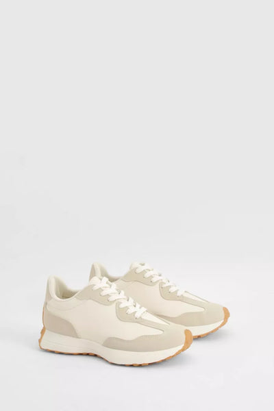 White Contrast Suedette Lace Up Sporty Trainer