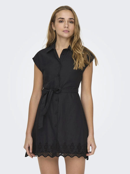 Only Black Short Sleeve Embroidered Cotton Shirt Dress