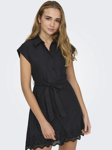 Only Black Short Sleeve Embroidered Cotton Shirt Dress