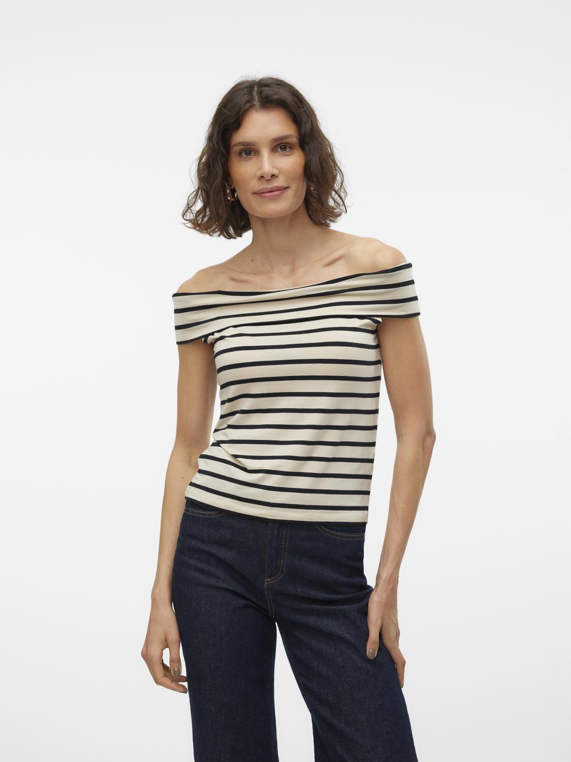 Aware Beige & Black Off the Shoulder Top