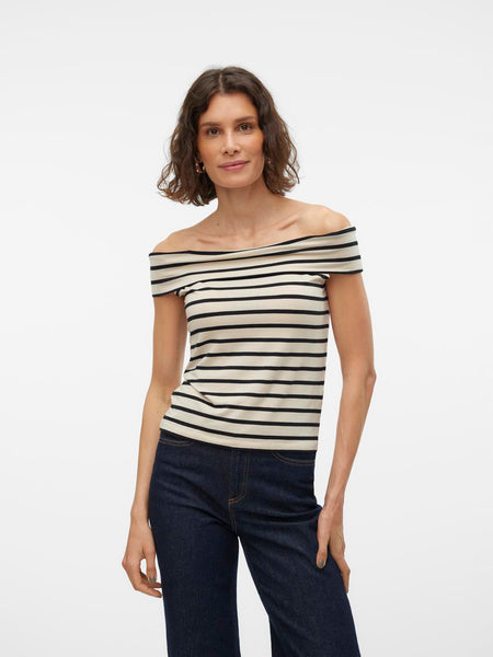 Aware Beige & Black Off the Shoulder Top