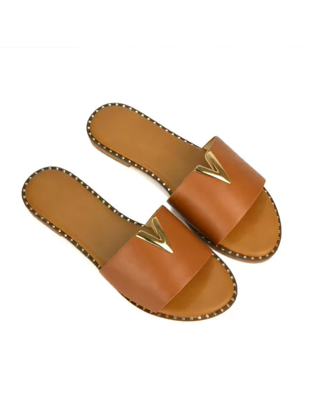 Faux Leather Slip-on Veena V Detail Sliders In Tan