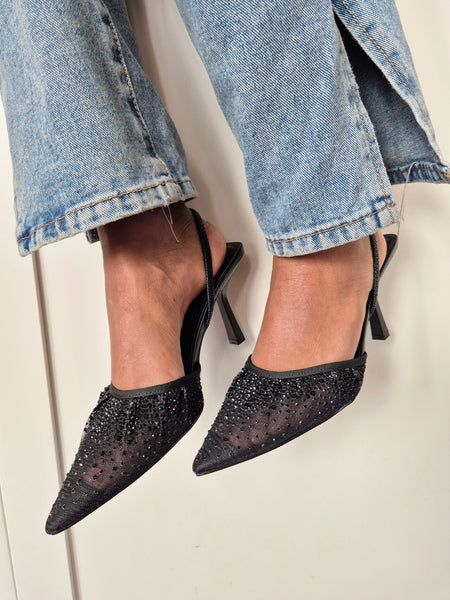 Diamante Mesh Slingbacks In Black