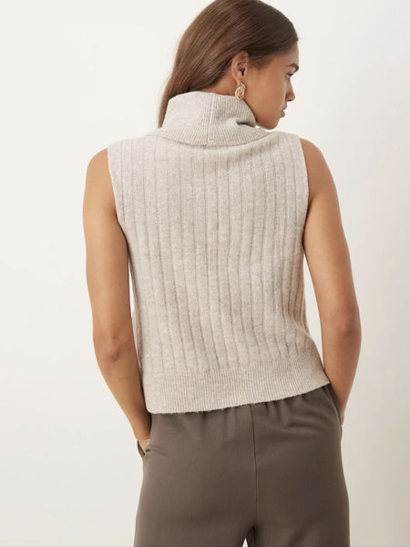 Vila Ribbed High Neck Sleeveless Knitted Tank Vest Top In Beige