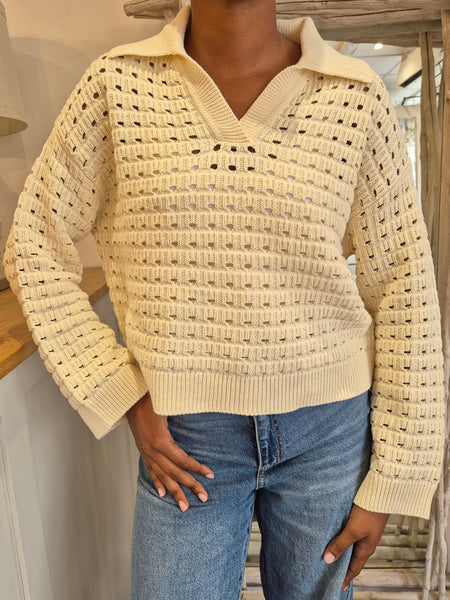 Pieces Long Sleeve Collared Crochet Knit Jumper