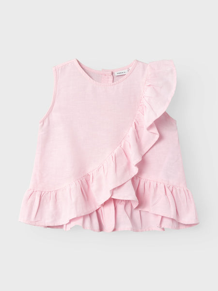 Girls Mini Pink Linen Ruffle Button Back Top