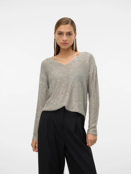 VM Sequin Vneck Knit Pullover In Grey