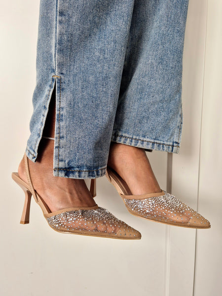 Diamante Mesh Slingbacks In Nude