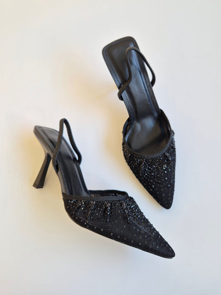 Diamante Mesh Slingbacks In Black