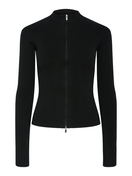 Pieces Ribbed Zip Front Cardigan In Black