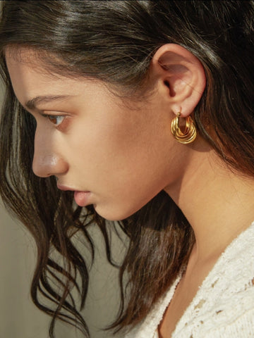 Gold Stainless Steel Twisted Drop Hoop Earrings