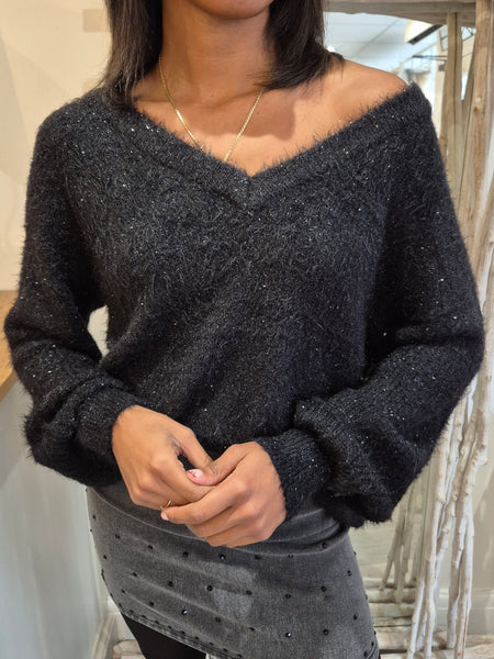 VM Black Fluffy V-neck Glitter Knit Jumper