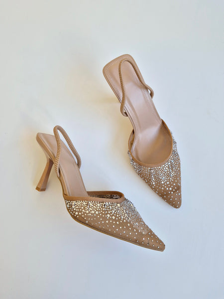 Diamante Mesh Slingbacks In Nude