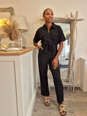 Only Short Sleeve Zip Front Jumpsuit In Black