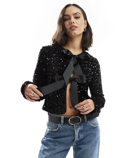 Only Sequin Long Sleeve Tie Front Reversible Top In Black