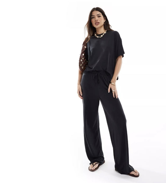 Pieces Slinky Super Soft Wide Leg Trouser & Tshirt Co-ord In Black