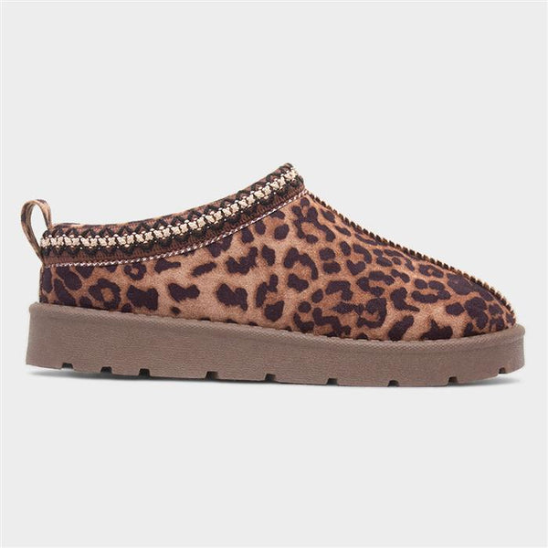 Embroidered Slip On Cosy Taz Slipper Shoe In Leopard