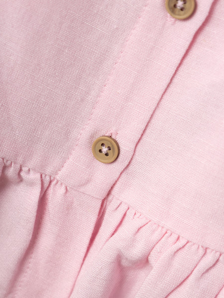 Girls Mini Pink Linen Ruffle Button Back Top