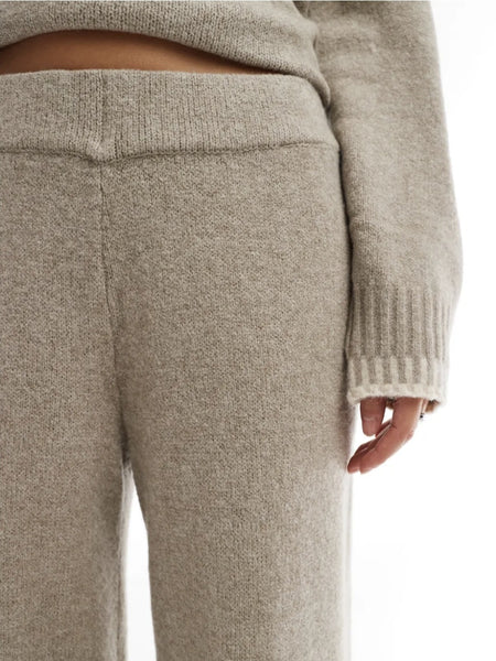 Only Knitted Wide Leg Trouser Contrast Stitch Co-ord In Oatmeal