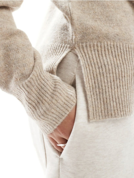 Pieces Roll Neck Jumper With Seam Detail In Beige