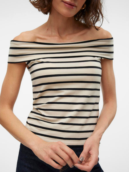 Aware Beige & Black Off the Shoulder Top