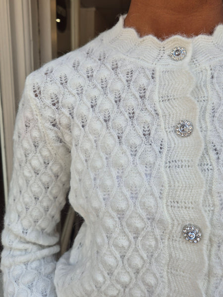 Aware Jewelled Button Knit Cardigan In White