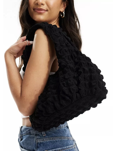 Pieces Black Textured Waffle Shoulder Bag