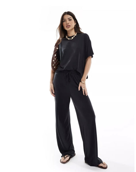 Pieces Slinky Super Soft Wide Leg Trouser & Tshirt Co-ord In Black