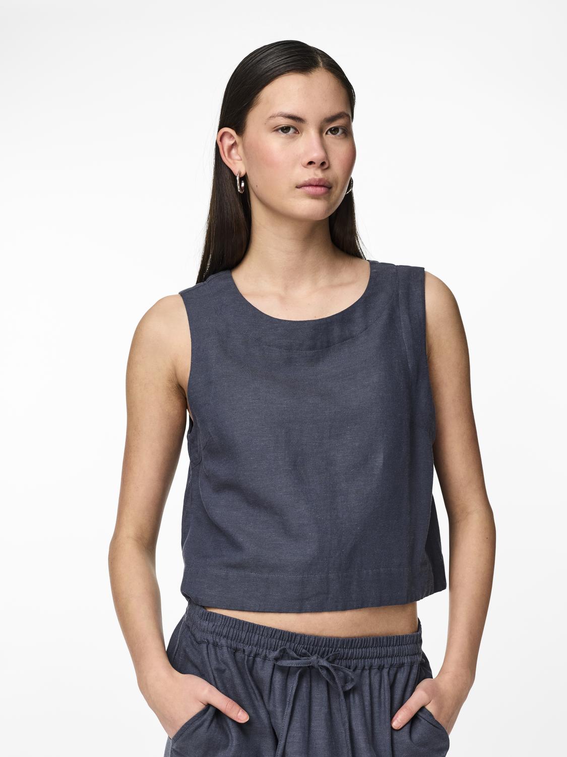 Pieces Navy Linen Sleeveless Top