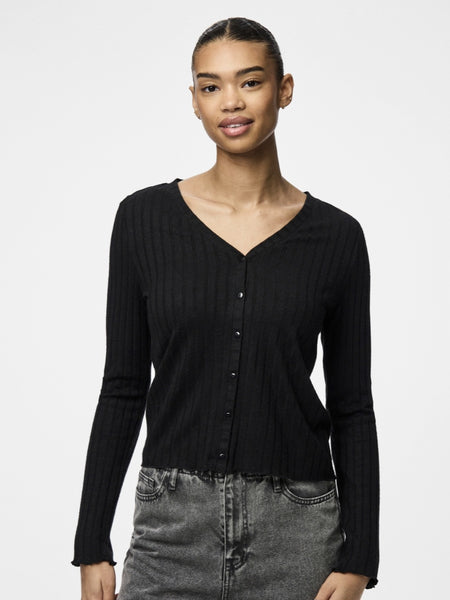 Pieces Button Front V-Neck Long Sleeve Top In Black