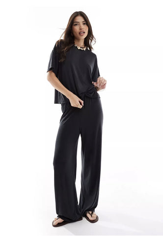 Pieces Slinky Super Soft Wide Leg Trouser & Tshirt Co-ord In Black