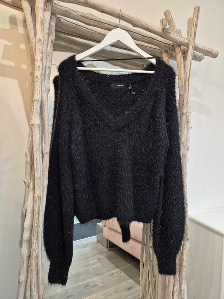 VM Black Fluffy V-neck Glitter Knit Jumper