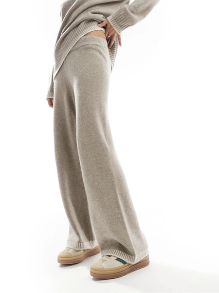 Only Knitted Wide Leg Trouser Contrast Stitch Co-ord In Oatmeal