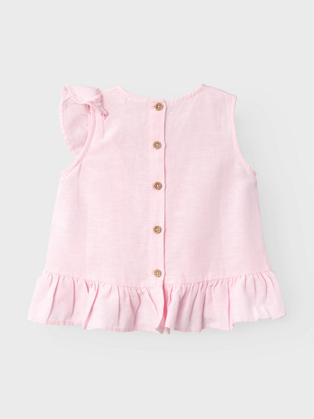 Girls Mini Pink Linen Ruffle Button Back Top