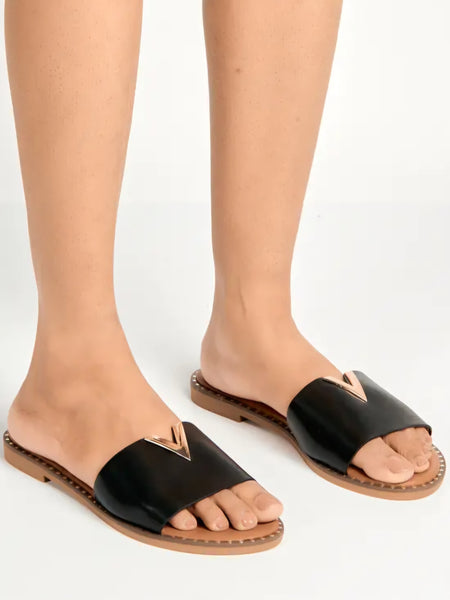 Faux Leather Slip-on Veena V Detail Sliders In Black